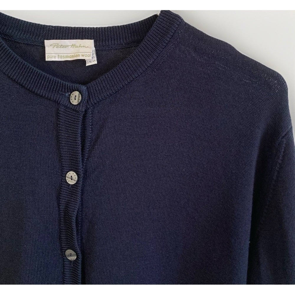 Peter Hahn Tasmanian Wool Knit Button Cardigan Sweater Navy Blue GB UK Size 18